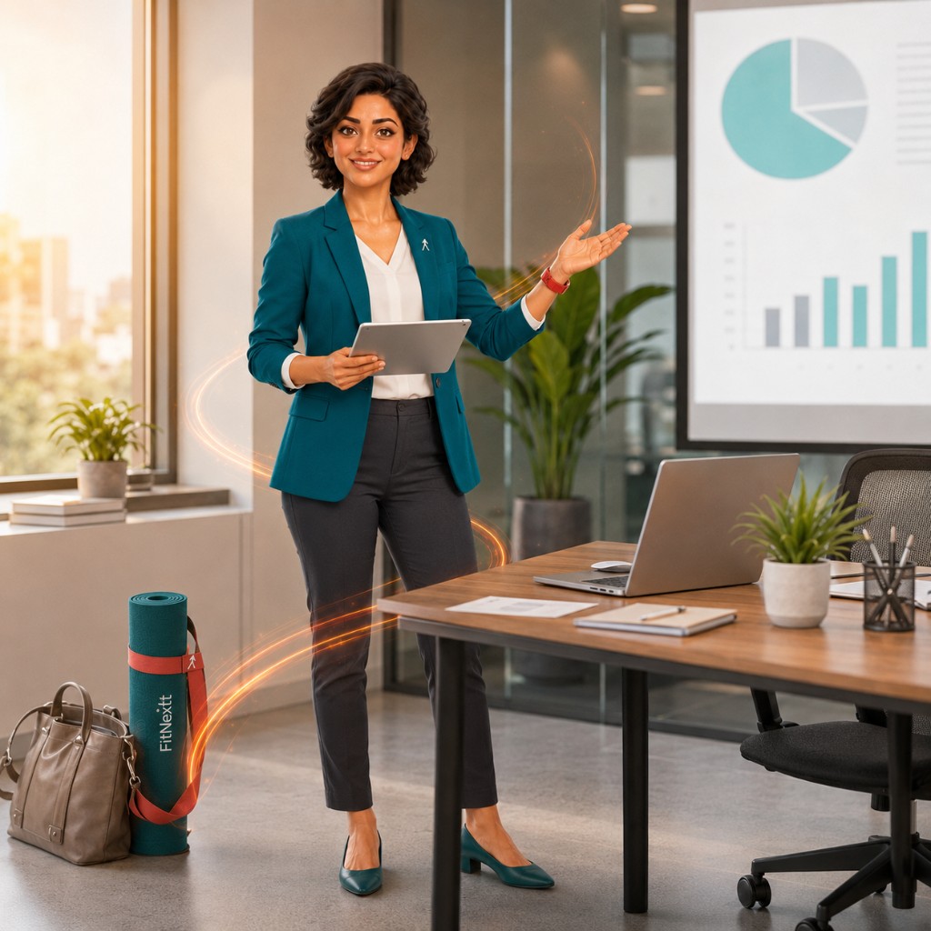Confident corporate professional with upright posture and positive workday energy